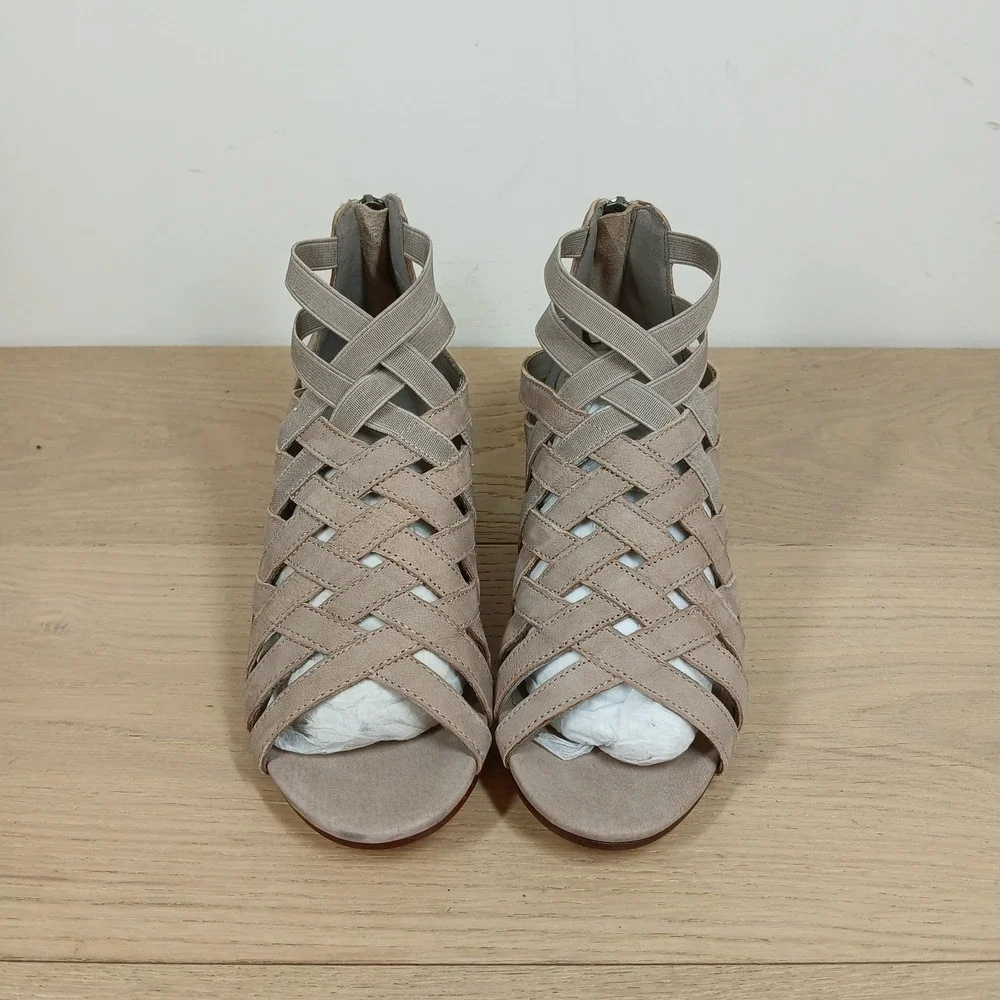 Eileen Fisher Cage Wedge Sandals Womens 5.5 Taupe Suede Woven Strappy Back Zip